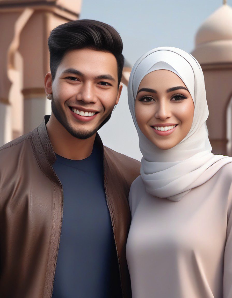 (muslim couple:1. 2) , boy and girl, (muslim style:1. 2) , (action pigure) , 3d anime character, hyper realistic, unreal engine