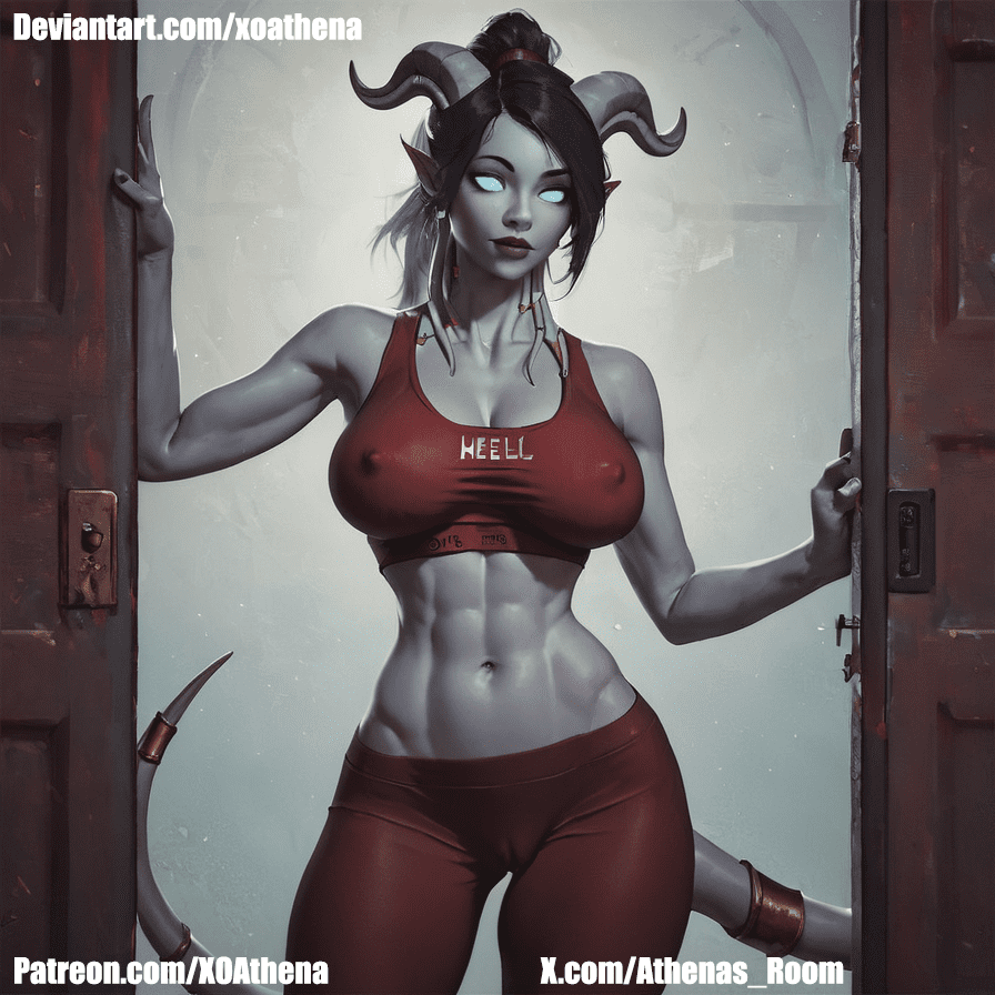 1girl, draenei, (white skin:1. 3) , black hair, ponytail, blue eyes, highly detailed, extremely detailed, big breasts, graden background, front view, far view, through opened door, (red yoga pants:1. 2) , pussy outline, hello pose, nipples outline, black blouse