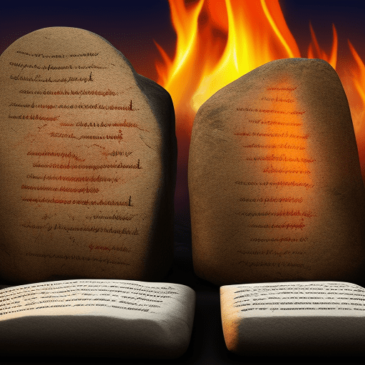 Two tablets of stone with paleo hebrew 10 commandments written on them with flames coming from the inscriptions. The background is a night scene of large stone mountain