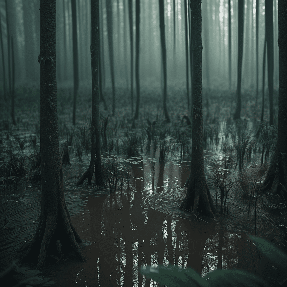 Dull highly detailed swamps forest flooded with swamps, highly atmospheric aestethic photography of flooded forest by alessio albi, tilt-shift , selective focus, attention-grabbing focus depth of field