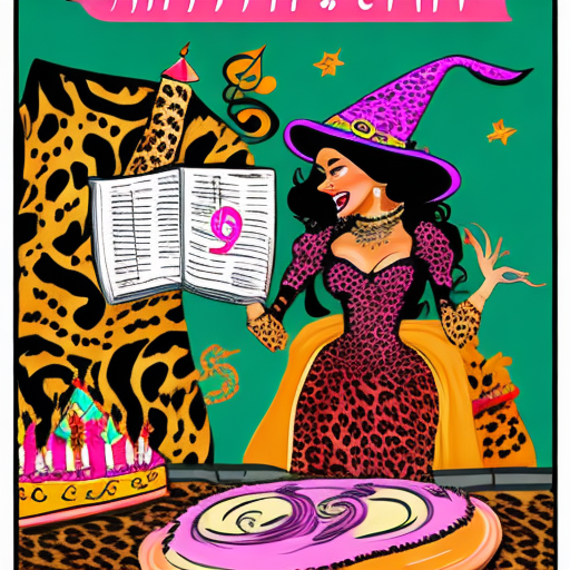 A dancing witch dressed in leopard clothing and musical notes in the background, all combined in a birthday celebration atmosphere, the witch has to be funny and be receiving a gift from a russian. The image is to create a gift voucher in which the following text should be included: "vale por una cena y cine para dos"the witch receiving the gift is 34 years old. Hyper-realistic