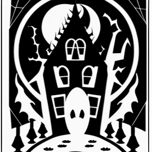 Create a black and white halloween-themed coloring page featuring a spooky haunted house. The house must have crooked windows, a creaky door, and be surrounded by ghostly figures, bats, and cobwebs. Add a full moon in the background, spooky trees and to complete the scene place a black cat sitting on a fence.