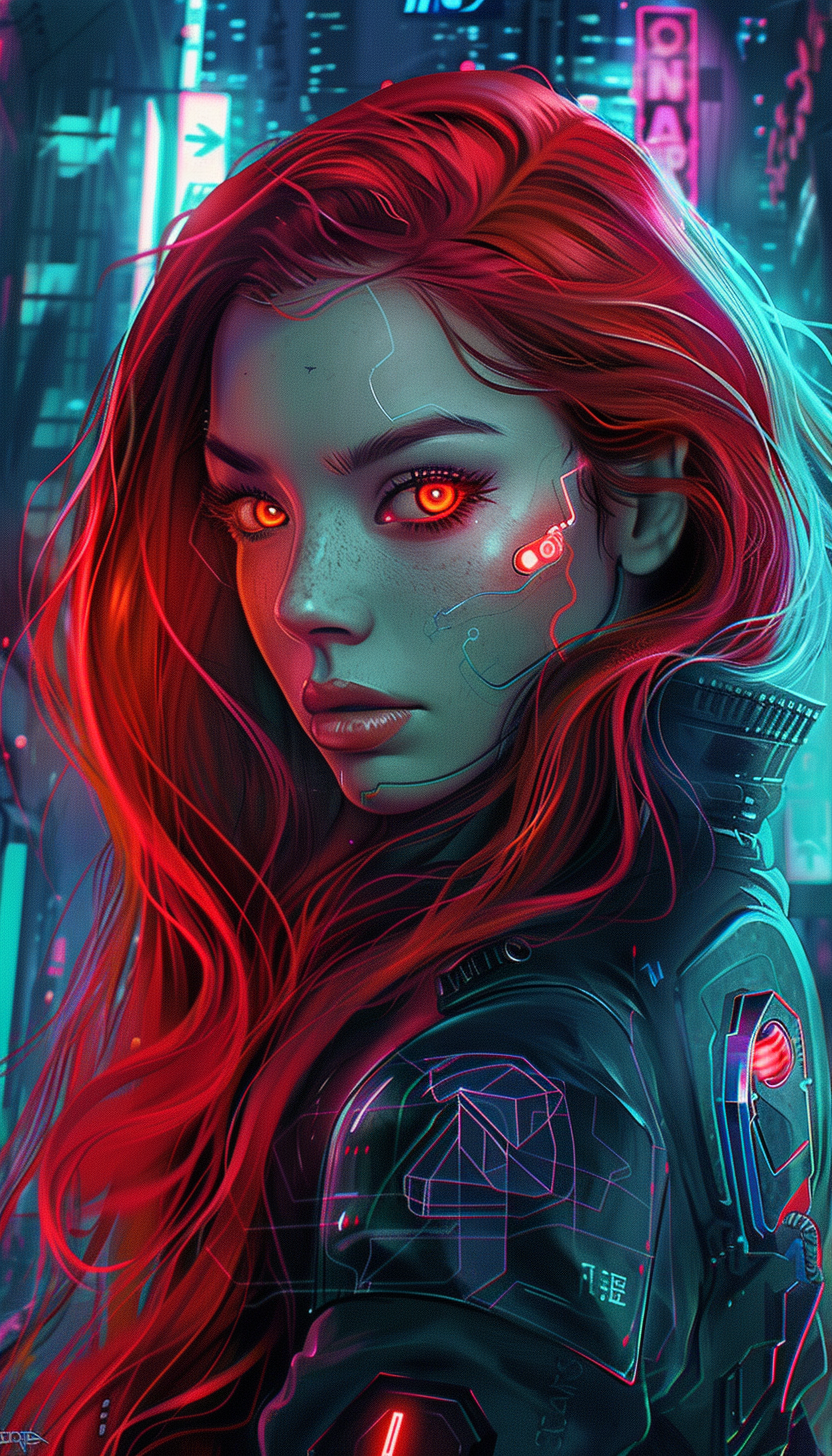 A digital illustration of a cyberpunk woman with long, wavy, deep red hair. His eyes are cybernetic and glow a vivid red. She is dressed in a futuristic urban outfit, combining shades of black, silver and blue neon details. In the background, an urban night scene with neon lights, holograms and a dystopian and technological atmosphere, realistic hyper-detailed portraits. --ar 73:128