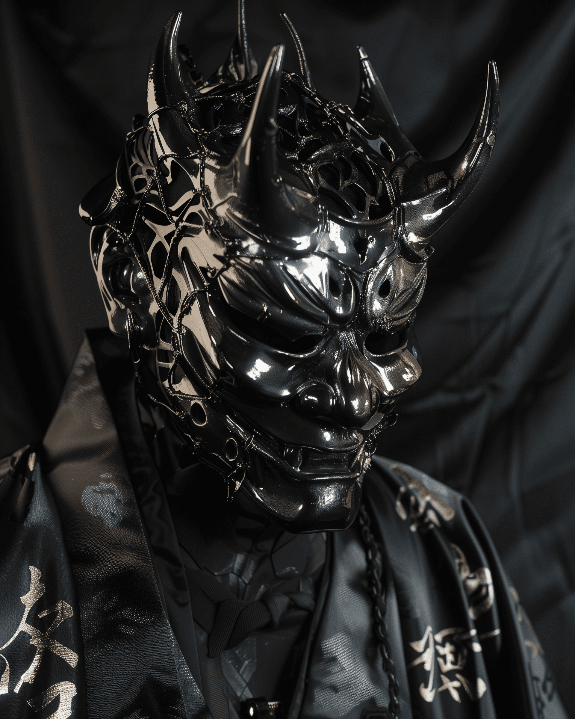 Biomechanical devil mask, carbon plated, intricate cuts and holes, figure in shadowy robe with shimmering kanji characters, gotical japanese fusion, moody lighting, ultra-high detail