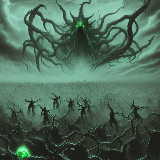 Overlord's army of shadow creatures invades a celestial realm, a clash of dark and light, shadowy tendrils, demonic horns, acrylic, luis royo style, horror, heavy shadows, distorted proportions, silhouette, reflection, aerial view, sinister cloud formation, ethereal glow, venomous green color, cracked earth, flowing water, fear