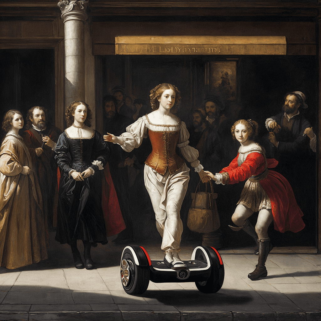 Large oil strokes renaissance painting, light in the style of rembrandt, luxurious lady riding a hoverboard on the street, houses and shop windows rushing past her, dynamic