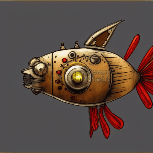 Robot fish steampunk style, in a sketchy way, mainly grey, red and yellow coloured