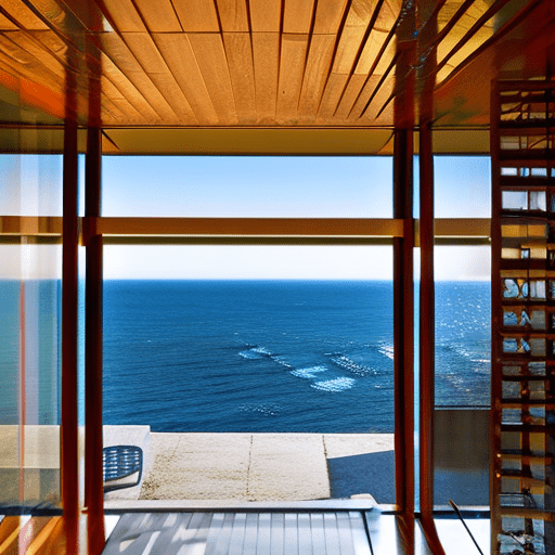 Hyper realistic eye level exterior photo of a mid century modern style house overlooking the ocean, daylight, indirect lightingn, ad magazine, frank lloyd, eames, mies van der rohe, nami, (one piece)