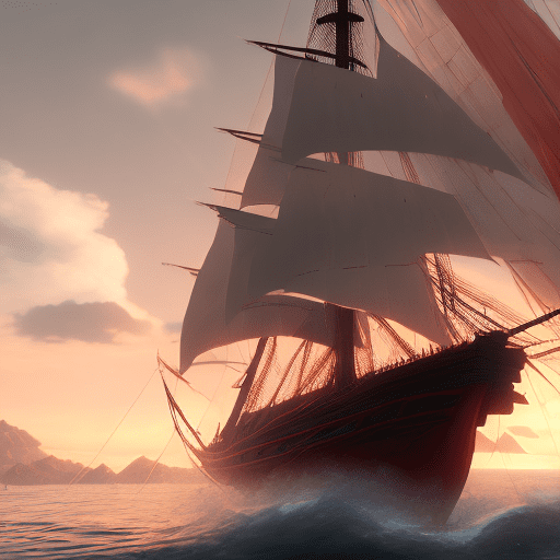 Photo of a ultra realistic sailing ship, dramatic light, pale sunrise, cinematic lighting, battered, low angle, trending on artstation, 4k, hyper realistic, focused, extreme details, unreal engine 5, cinematic, masterpiece, art by studio ghibli, red flesh, succubi, demon tail, demon, anime, lust