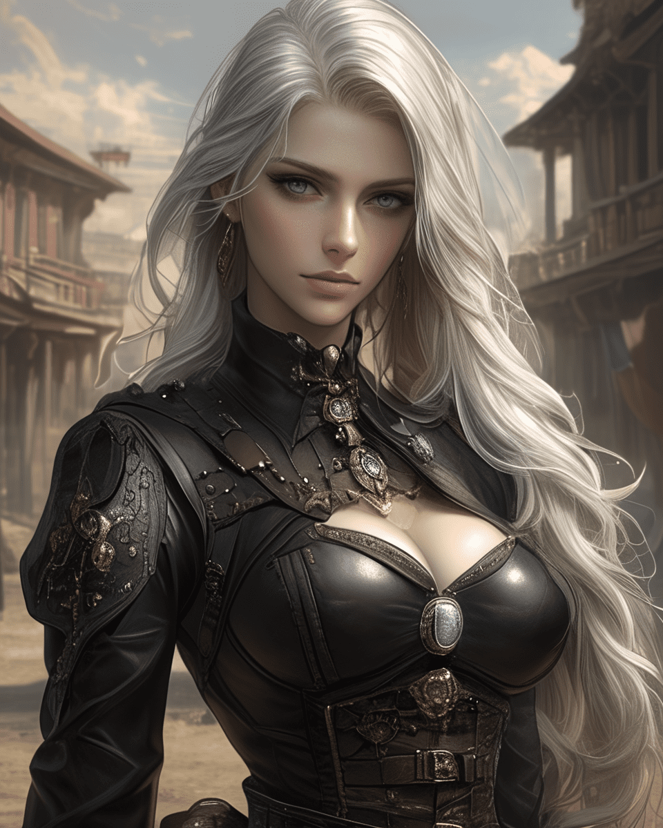 Long silver hair woman in steampunk leather black suit, in a western-dieselpunk style, asymmetrical, set against a background of a dusty frontier town --ar 4:5 --style raw --stylize 750 --niji 6