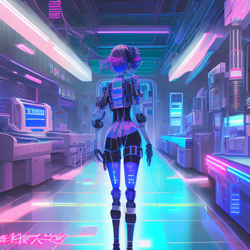 A cyberpunk anime illustration of a robot nurse in a futuristic hospital, neon lights reflecting off her metallic body, vibrant colors, dynamic pose, glowing blue eyes, intricate details, 4k resolution, dystopian cityscape in the background --ar 16:9 --s 150 --c 5 --v 5. 2
