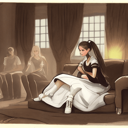15 year old girl, black sports top, sitting on a sofa in a mansion, servants standing around her, extremley detailed, datlight, brown ponytail hair