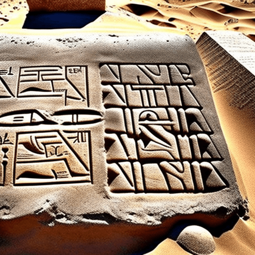An ancient, grey clay tablet inscribed with mysterious hieroglyphs and cuneiform laying half buried in the sand