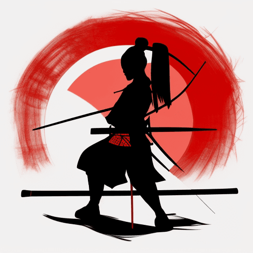 Samurai archer girl silhouette. The sun is behind her in a beautiful landscape. White black red gold colors
