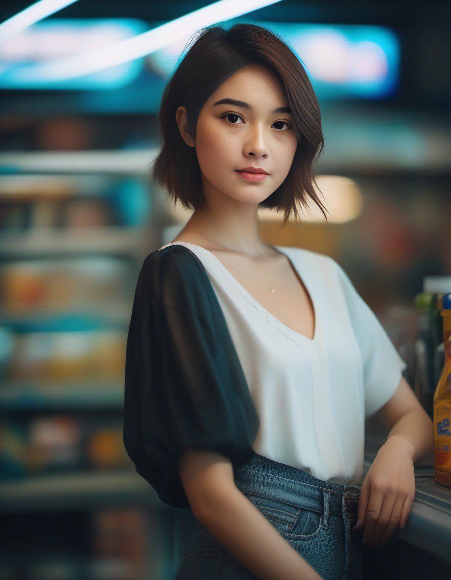 Portrait photo of a stylish beautiful girl in a future convenience store, asymmetric hair cut, cyberpunk aestethic, heavenly beauty, 8k, 50mm, f/1. 4, high detail, sharp focus, cowboy shot, perfect anatomy, arms behind back, sunshine on her face, sunset, window side