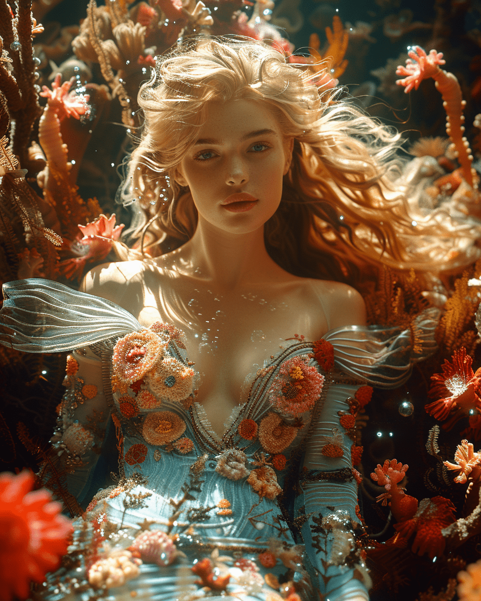 Beautiful mermaid laying on coral reef, deep sea photography, coral reef, fish and bubbles, cinematic, dark background, hyper realistic --v 6. 0 --ar 4:5 --s 550