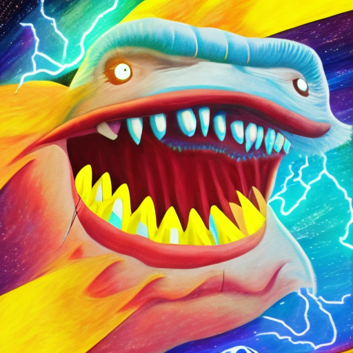 A big mouth allone, and the text "suno" under it, in the background a colorfull universe with blue lightning coming from the mouth