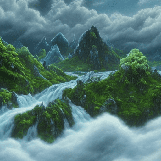 An endless mountain range on the background full with lush green forests and life, blue sky with expressive but formless clouds and stars, a swirving river reaching out to the front of the scene, in the style of atmospheric paintings, with tones of gray, black, green dark indigo and light cyan, aquamarine blue and white, lovely mind-bending sculptures, realistic hyper-detail, fluid simplicity --ar 63:128 --stylize 750