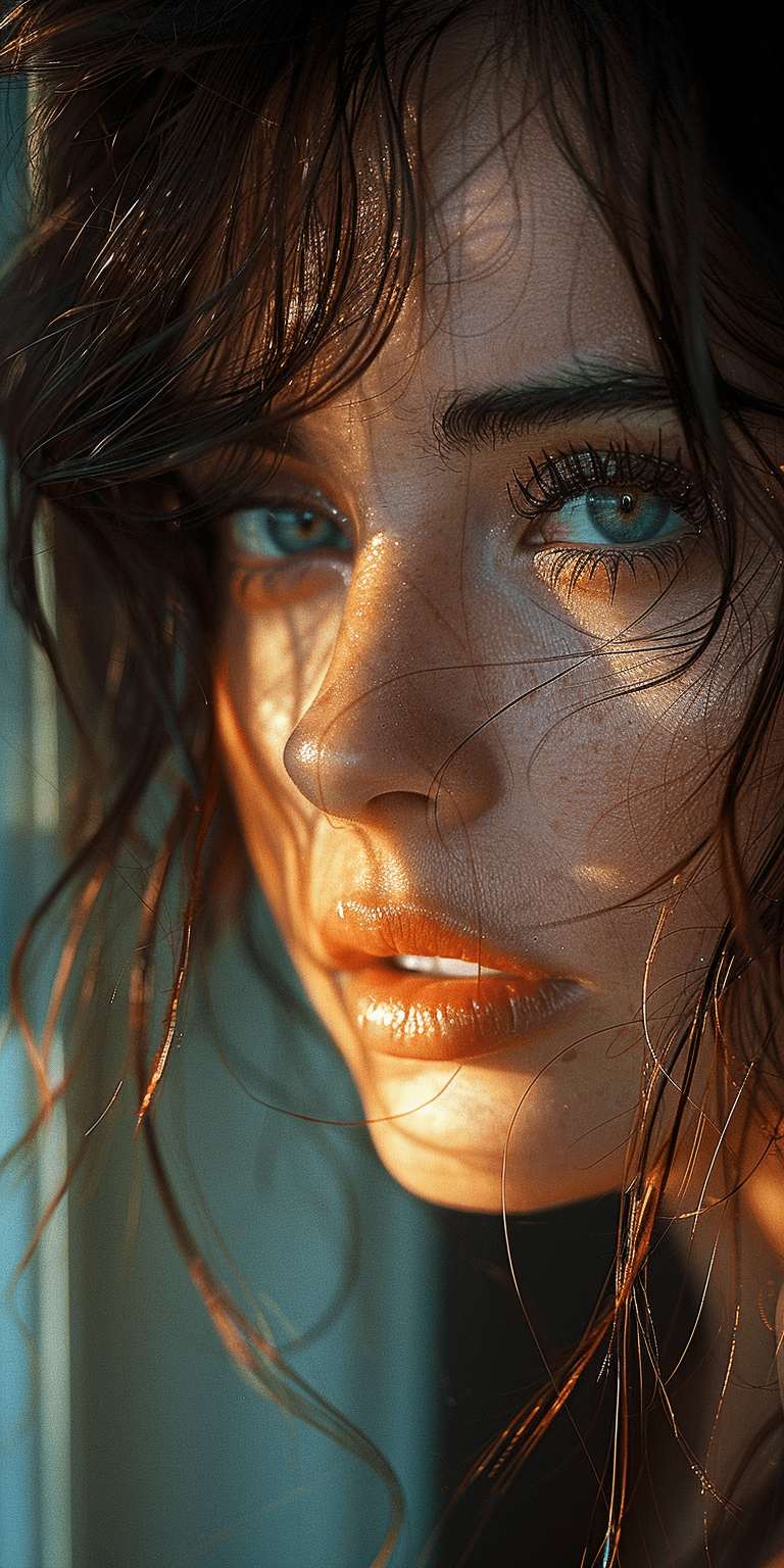 Close-up portrait of a woman, her face lit by the soft glow from outside the window, her eyes reflecting melancholy and sadness, shot on kodak portra medium format film with a grainy texture and warm tones, capturing raw emotions in natural light, in the style of candid photography --ar 1:2 --stylize 750