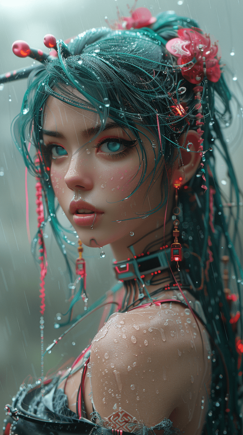 A cyberpunk geisha with neon hair ornaments, in the style of masamune shirow, bioluminescent accents, intricate circuitry patterns, vibrant teal and magenta, hyper-detailed cybernetics, atmospheric fog, blade runner aesthetics --ar 9:16 --stylize 750 --v 6. 0