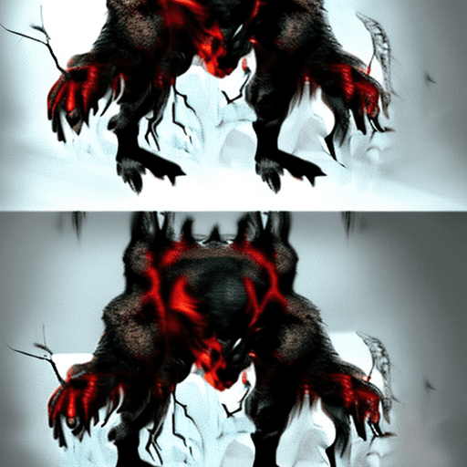 The rougarou: a extreme nightmare version, highly detailed, advanced 3d techniques, distorted features, unsettling aura, photorealistic, dynamic light, creepy. A monstrous wolf-man with red eyes and sharp teeth, standing on its hind legs and towering over his demoness. Love for eachother is evident. The succubus is breathtakingly beautiful with long flowing red and black hair and striking features