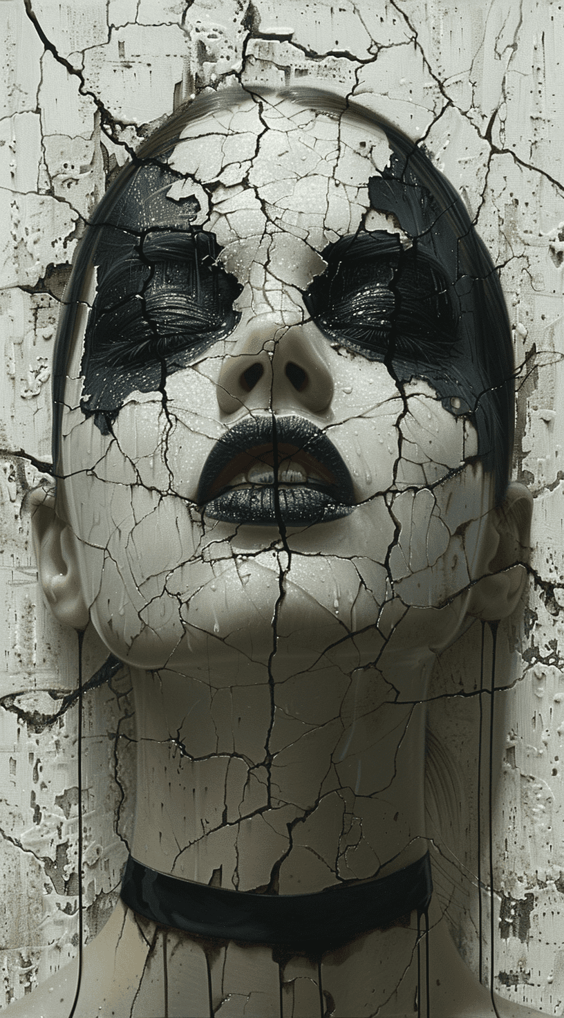 The head of the girl is made up entirely from cracked black paint, with her lips visible through cracks in it. The background features an old wall painted white and covered with large crack lines. This painting creates a mysterious atmosphere, adding to its overall horror vibe. It should be rendered as if by oil on canvas, capturing intricate details and textures. In a hyper-realistic style, the portrait will emphasize facial expressions and skin texture, emphasizing realism. --ar 71:128 --s 750 --v 6. 0 --style raw