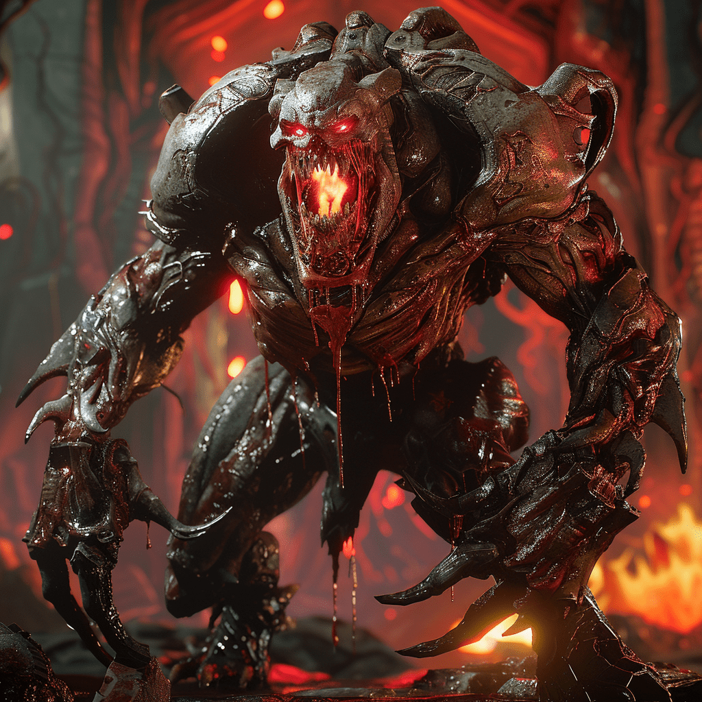 Design a fearsome enemy in the style of doom eternal. The creature should be a hulking, grotesque demon with a muscular, sinewy frame covered in cracked, charred skin. It has a monstrous, snarling face with glowing red eyes and razor-sharp teeth. Equip it with massive, blood-soaked claws and spiked armor. Add elements of cybernetic enhancements with mechanical parts fused to its body, including a glowing energy core in its chest. Set the scene in a hellish landscape with lava flows, crumbling ruins, and an ominous red sky. Use ultra-realistic rendering in unreal engine 5 and octane render.