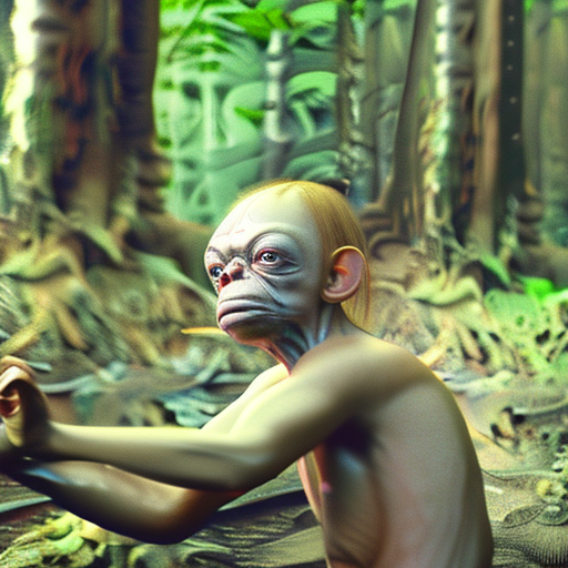 Gollum in the forest, shiny, highly detailed, photorealistic, dynamic light, , extreme nightmare version, mystical, magical, creepy, h. R. Giger and jean ansell and justin gerard, glow, movie scene from film, different model positions, full body