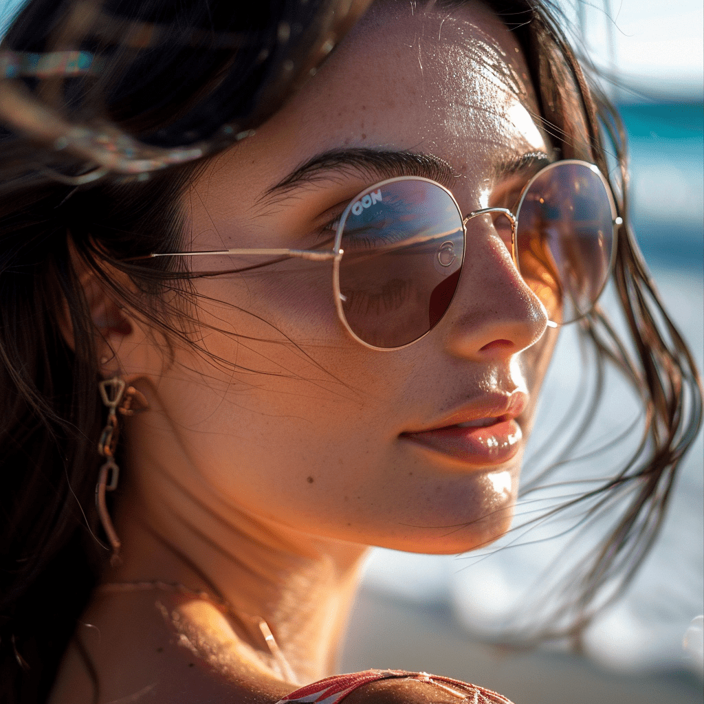Close-up of a model wearing sunglasses by the beach, sony a7r iv, 85mm lens, natural light, detailed textures and reflections, vibrant and sunny environment, hyperrealistic, stylish and relaxed, shallow depth of field, --ar 1:1