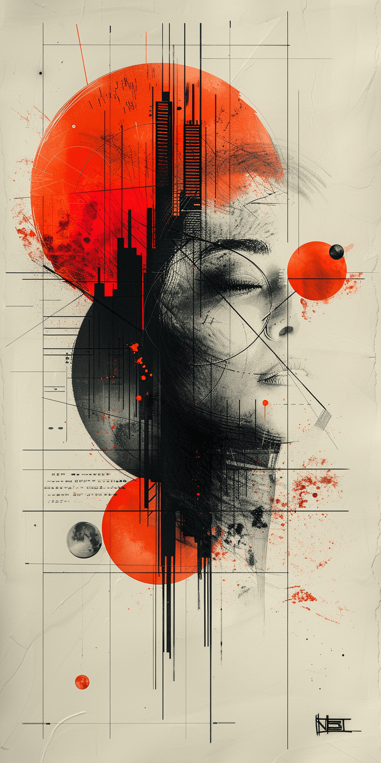 A collage of various abstract shapes and lines, with red accents, on white paper, composition includes black ink and bold strokes, creating an urban feel, geometric elements in the background, adding to its modern aesthetic, digital illustration technique, contemporary look and feel --ar 1:2 --stylize 750