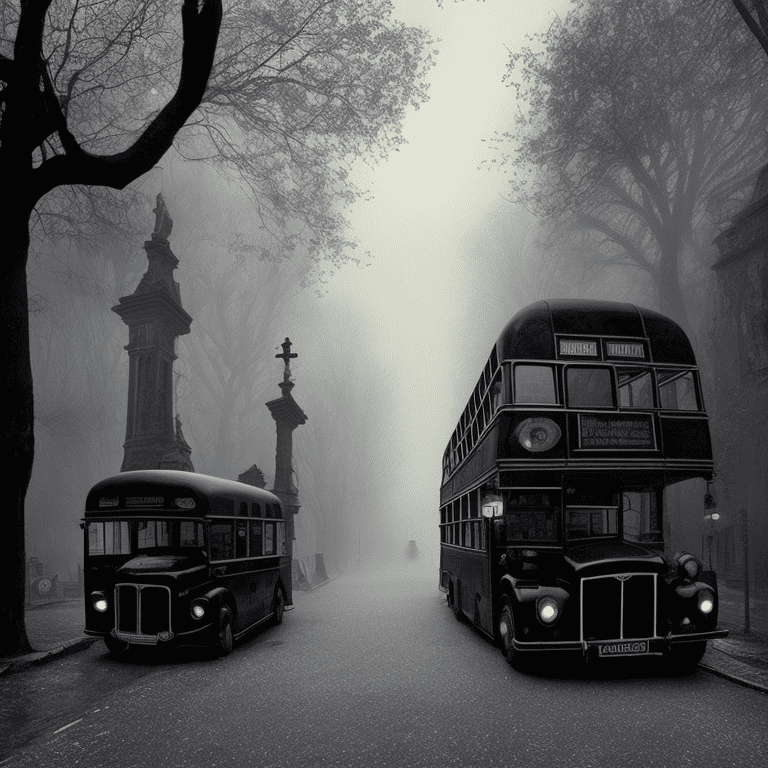 Beautiful black bus in the street, victorian street, dark fairytale aesthetic, intricate details, in the middle of the night, very detailed, lit street, dead trees, streets lights, foggy, divine presence, cemetery nearby
