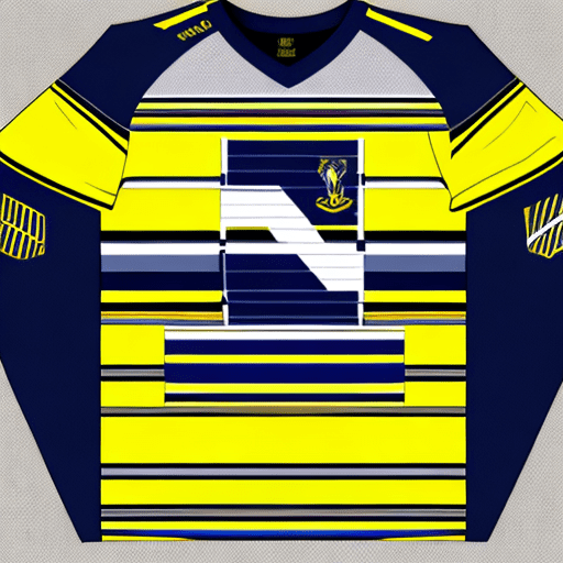 Design concept: primary colors: yellow and navy blue design style: striped details: front: vertical stripes alternating between yellow and navy blue. The club's logo prominently placed on the left chest. Sponsor's logo centered below the club's logo in white for contrast. Back: solid navy blue background for the player's name and number in white. Sleeves: one sleeve in solid yellow, the other in solid navy blue. A thin contrasting stripe on each sleeve to maintain balance. Collar: a classic round neck collar in navy blue.
