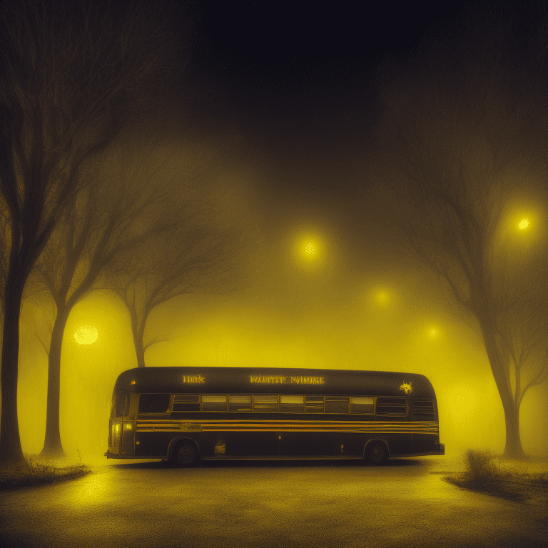 Angled view of a detailed darkish dark yellow metallic school bus at a distance, dark fairytale aesthetic, intricate details, in the middle of the night, moonlight, very detailed, lit street, dead trees, streets lights, foggy, divine presence, cemetery nearby