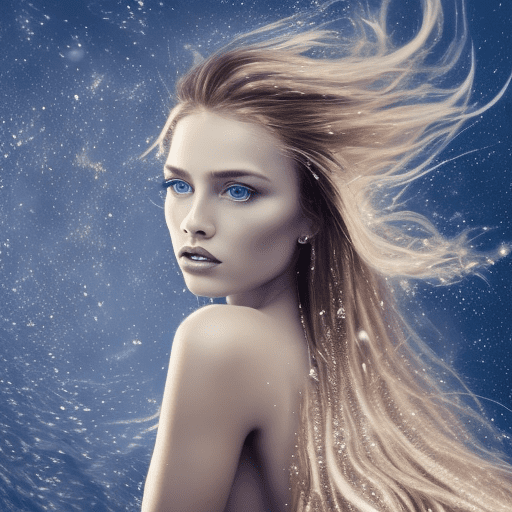A woman with long hair in wind, in the style of pop inspo, hyper-realistic water, animated gifs, mario testino, close up, soft and dreamy, sky-blue and brown --ar 71:128 --stylize 750 --v 6