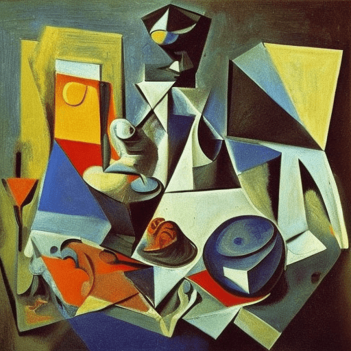 Very chaotic stilllife with many different tools, painting by pablo picasso, cubisme, very detailed, complicated shapes