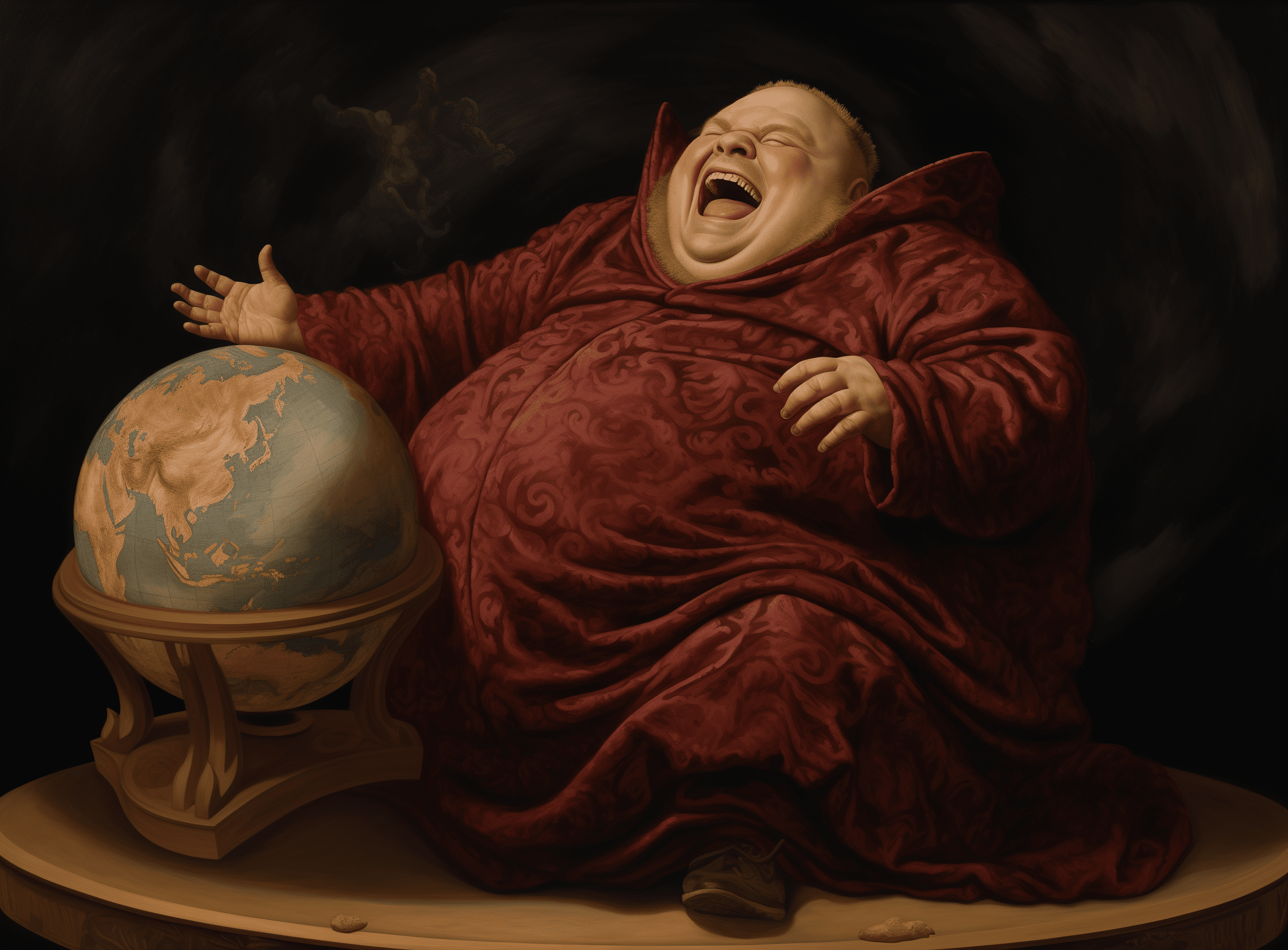 A painting in the style of james c christensen of an obese man sitting on top of the earth globe, holding up its head with one hand and pointing at it while laughing in pure evil. He is wearing grey robes. The background color palette is dark red and black. There's a spotlight shining down onto him from above. His face has no facial hair or makeup. In his other hand he holds out a golden chalice that reflects light around him. A dark cloud looms over everything. It feels gloomy. --v 5. 2 --style raw --ar 125:92