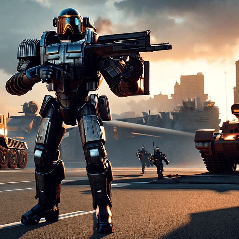 Dystopian nightmare, cinematic, sci-fi, volumetric lighting| a grungy rebel soldier is wearing a mech suit | the mech suit is black and worn | armor is shiny and metalic | soldier is standing on a street| a large battle between futuristic tanks in background