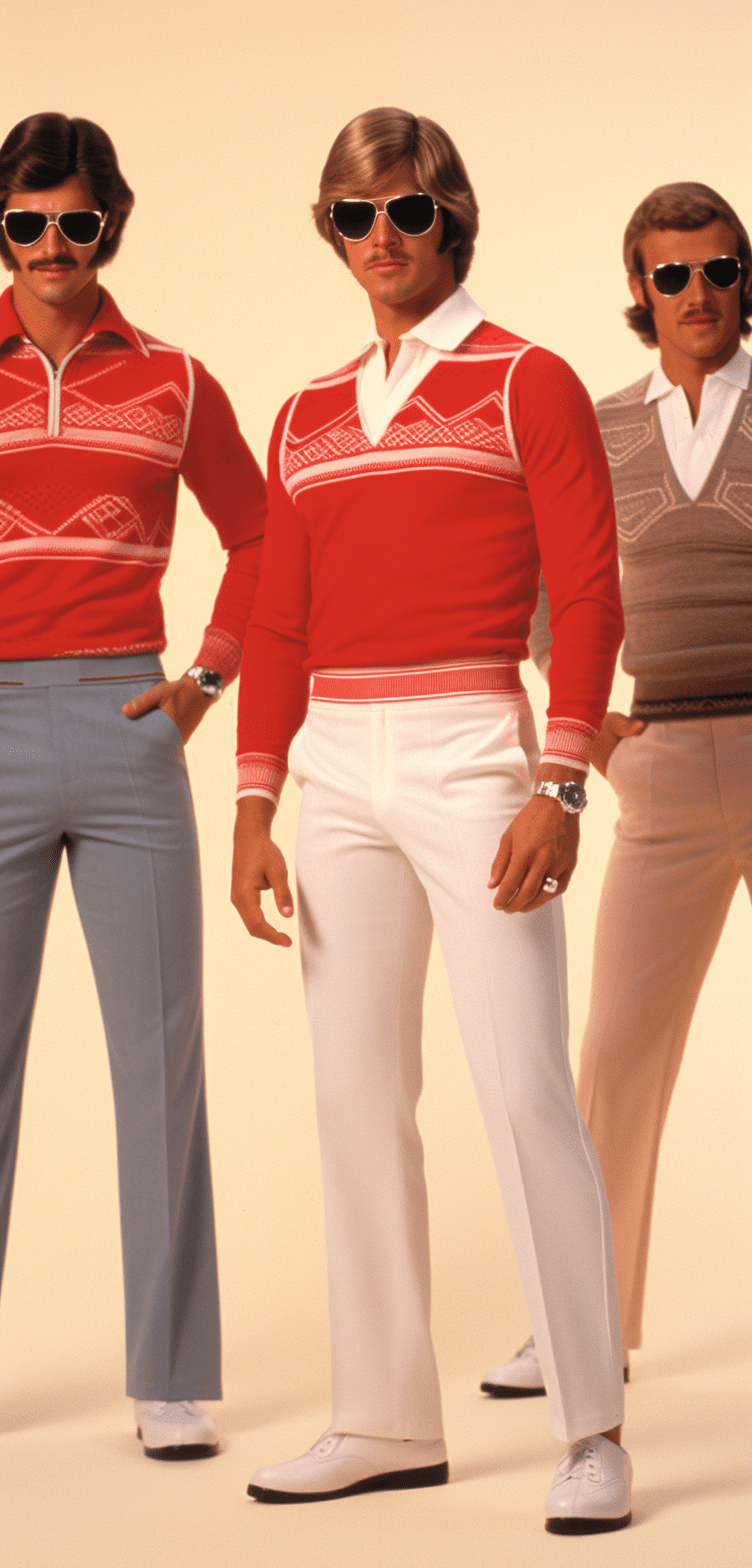 A photorealistic image of vintage photos from the mid-1970s, featuring muscular men in red and white tennis wear with crewneck sweaters. They should be walking on boardwalks or riding bicycles under bright summer skies. The attire is retro-futuristic, showcasing slim pants, high-waisted shorts, short sleeves, sports shoes, sunglasses, and their hair styled in classic male hairstyles like long and straight for one man, curly blonde bangs for another. In the style of classic 1970s photography. --v 5. 2 --style raw --ar 61:128