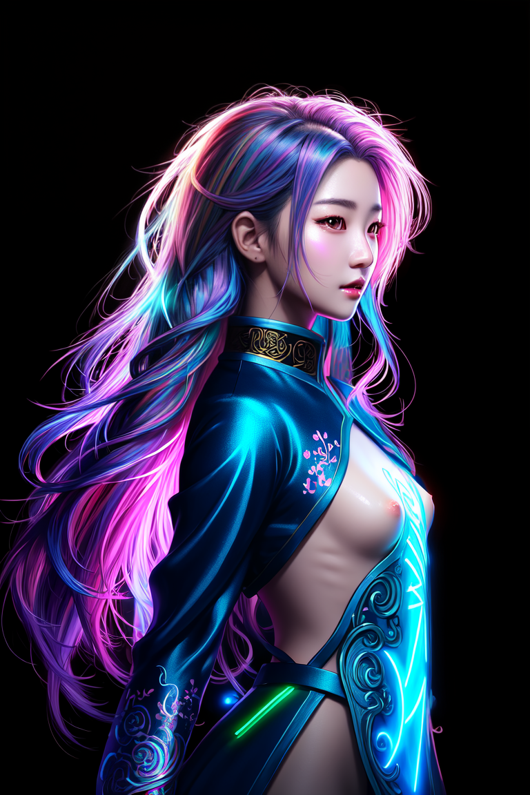 (digital art beautiful young korean woman) , (full body into frame) , ((partially clothed in ninja clothes) ), (partial nudity) , ((bright magical aura) ), (magical lineart) , ((vibrant colored flowing magical glowing hair) ), (delicate line art over hair) , detailed face. (long shot) , (precise line art) , intricate, realistic shading, studio quality, cinematic, luminescence, magical lighting, edge lighting, (epic lighting). Character design, concept art, (highly detailed) , illustration, digital art, digital painting