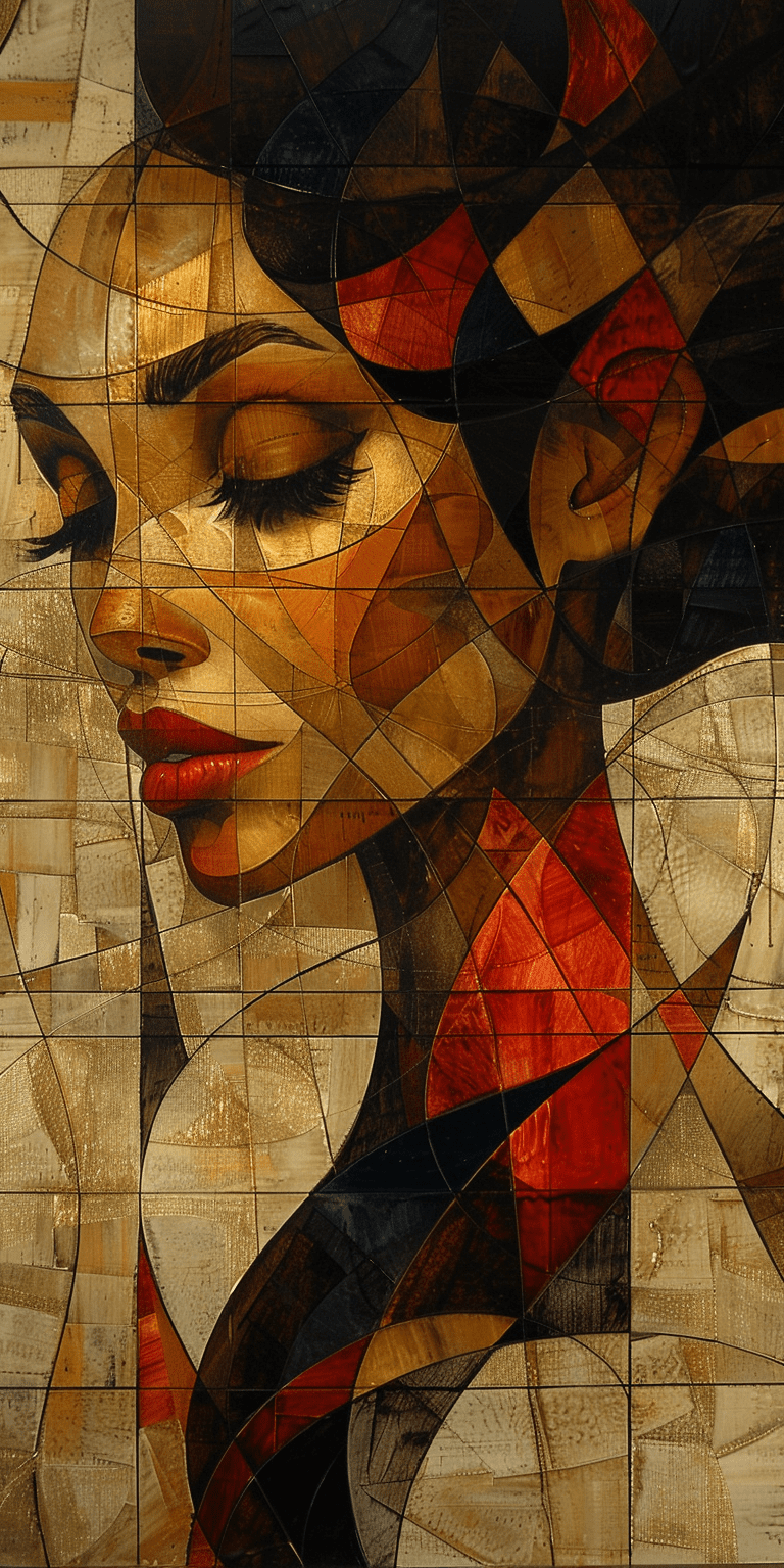 Oil painting of a beautiful woman, in the style of geometric shapes and lines, abstract, brown, black, red gold white --ar 1:2 --stylize 750