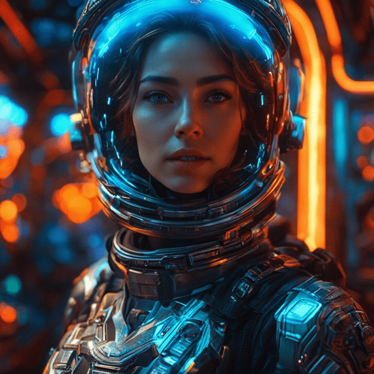 Ultra-detailed female space ranger in cybernetic armor on a space station, neon lights reflections, reflection mapping, intricate design and details, dramatic lighting, hyperrealism, photorealistic, cinematic, 8k, 9:16, v 5