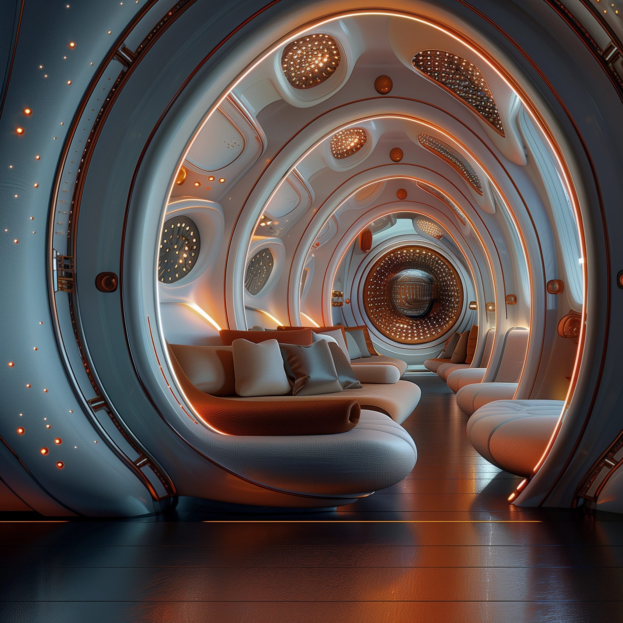 Interior design of an intergalactic spaceship lounge area for comfort during trips through the infinite space, highly detailed and realistic, 32k --personalize nwnd4j3 --stylize 600