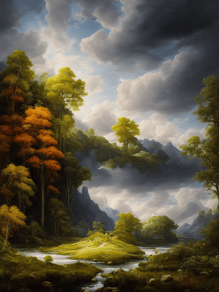Landscape, an endless mountain range on the background, covered full with lush green forests and life, blue sky with expressive but formless clouds and stars, a swirving river with clear water reaching out to the front of the scene, in the style of atmospheric paintings, the painting is colored in orange, black and yellow, in the style of complex compositions, dark white and light red, circular abstraction, dmitry spiros, industrial materials, with tones of gray, black, green dark indigo and light cyan, aquamarine blue and white, lovely mind-bending sculptures, realistic hyper-detail, in the style of complex compositions, dmitry spiros, balanced proportions, hard edge painting, 8k, haze, ultra-detailed, film photography, light leaks, trending on artstation, sharp focus, intricate details, highly detailed, by greg rutkowski fluid simplicity --ar 63:128 --stylize 750