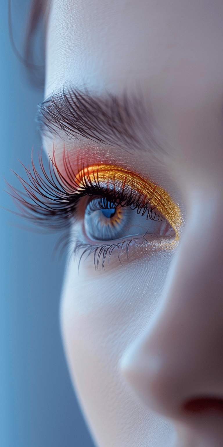 A woman's eye is shown with the focus on her eyelashes, which appear to be lengthened with bright yellow and red makeup surrounding them, background has a soft gradient from light blue at the top left corner to white in the bottom right corner, in the style of a beauty product advertisement --no freckles, distortion --ar 1:2 --stylize 750