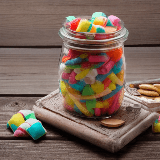 A jar of sweets, on a rustic wooden table, with grey wall background, 8k, proper background should be visible