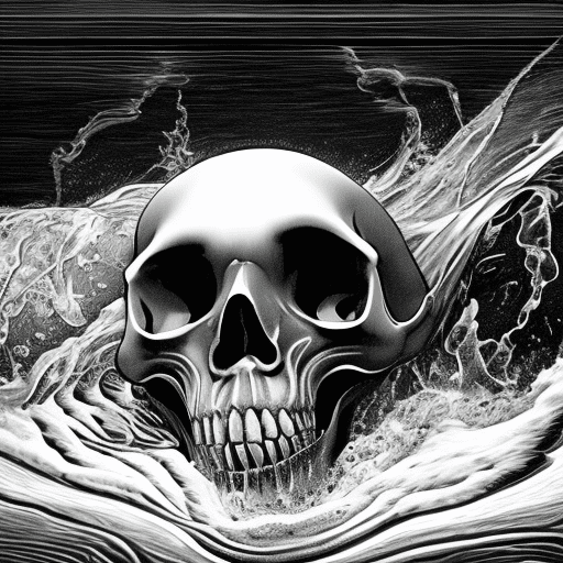 Create a striking 2d black and white engraving featuring a suspended tooth as the focal point. The tooth, detailed and sharp, casts a distinct shadow as it descends towards gently flowing water. Skulls, some submerged and others drifting, empty background, creating a chilling contrast against the fluid movement of the water