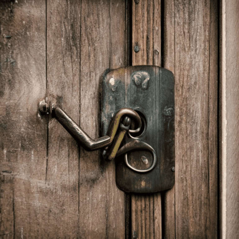 Huge barn lock hanging on the door, symbolizing protection of the house, close-up, mystical fairy tale, dark fantasy, dark botanical, high resolution, high quality