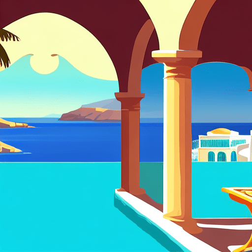 Looking out on turquoise sea from a traditional greek house, vector graphics image