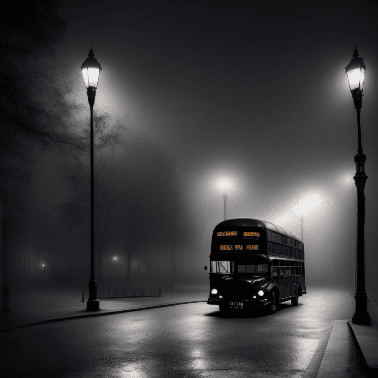 Photograph of a beautiful black bus, side view, victorian street, dark fairytale aesthetic, intricate details, in the middle of the night, very detailed, lit street, dead trees, streets lights, foggy, divine presence, cemetery nearby