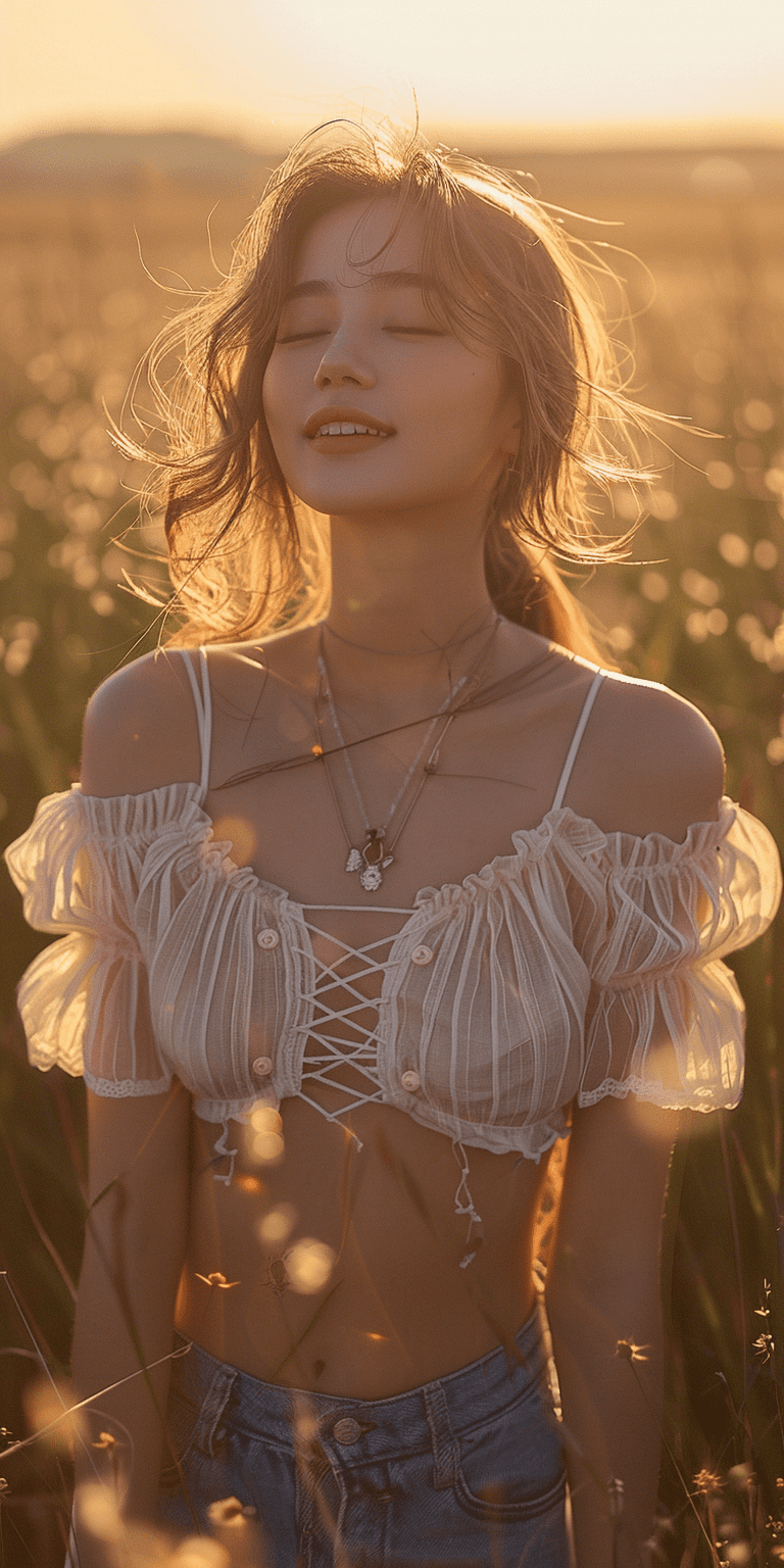 Full body photo of an asian girl, wearing a white short-sleeved top and denim shorts, smiling with her eyes closed in the sunlight, outdoor, prairie setting, hair blowing in the breeze, natural light, soft tones, clear details, portrait photography, shallow depth of field, joyful emotions --ar 1:2 --stylize 750